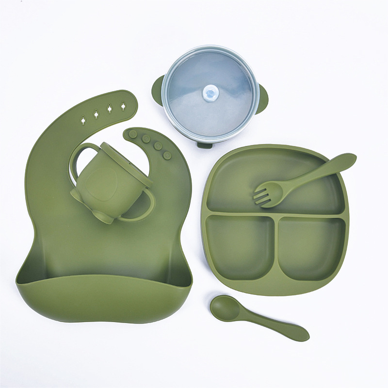 兒童喂養分格餐盤硅膠嬰兒吃飯訓練輔食餐具一體式防滑吸盤碗套裝